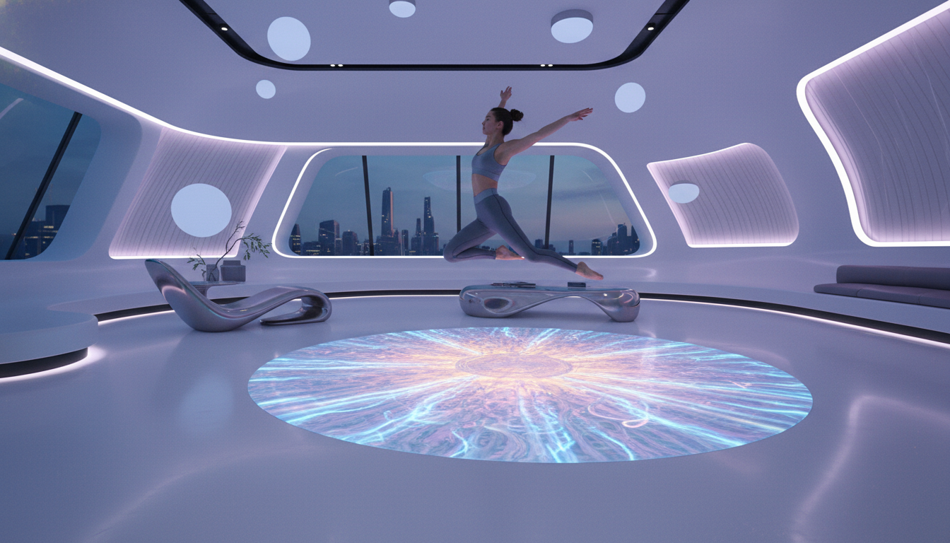 Conceptual futuristic interior with a bio-responsive rug featuring integrated soft lighting and fluid architectural shapes.