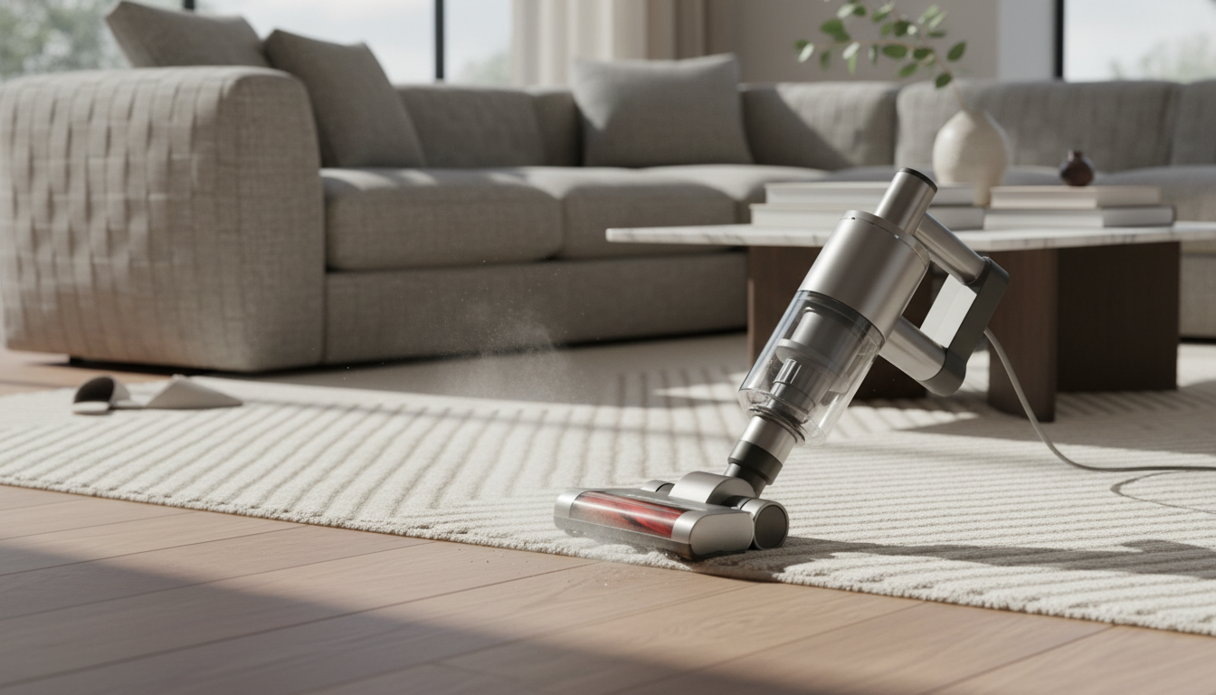 Modern maintenance of a ribbed textured rug using a designer vacuum in a bright home setting.