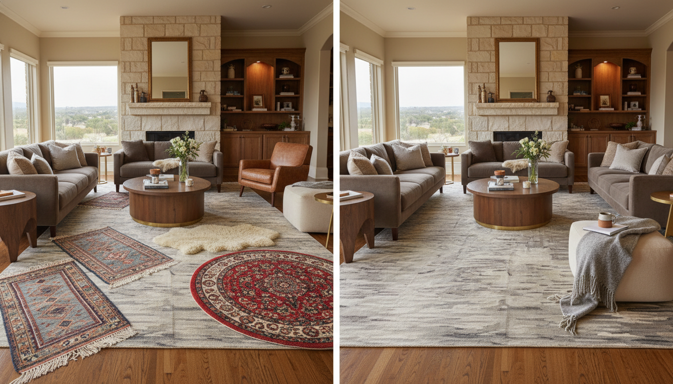 Before and after showing how one large rug replaces multiple small rugs to unify a room.