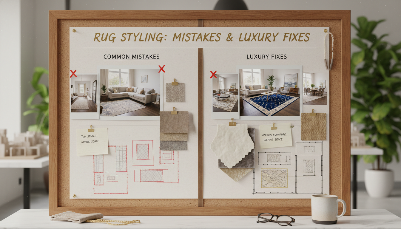 An interior design mood board illustrating how to fix common rug placement mistakes for a more expensive look.