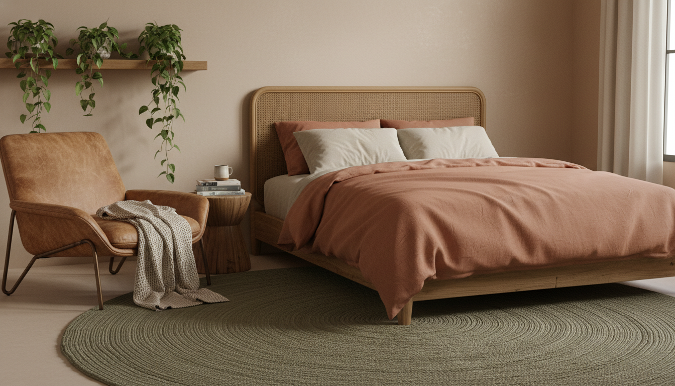 Modern organic bedroom with olive green rug and rattan furniture accents.