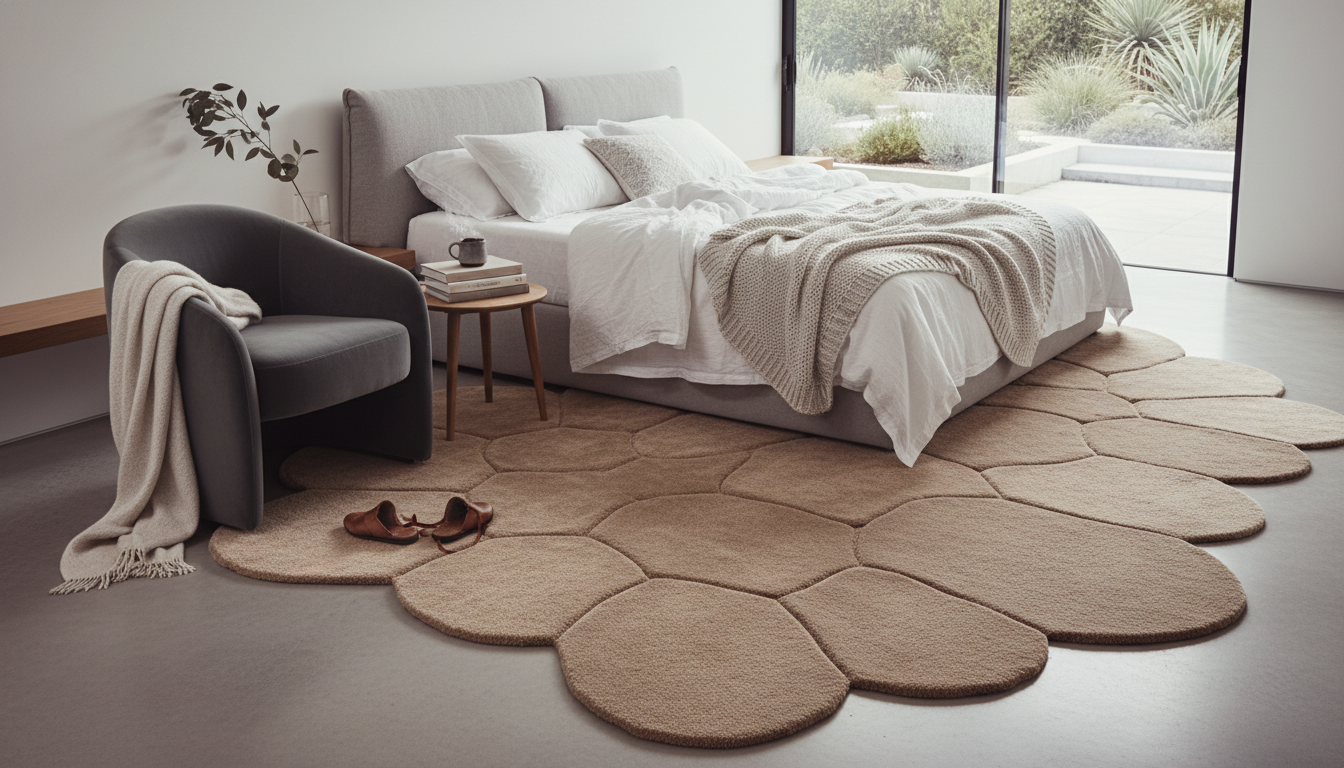 Custom organic shape rug with curved edges in a modern bedroom, softening the architectural lines of the space.
