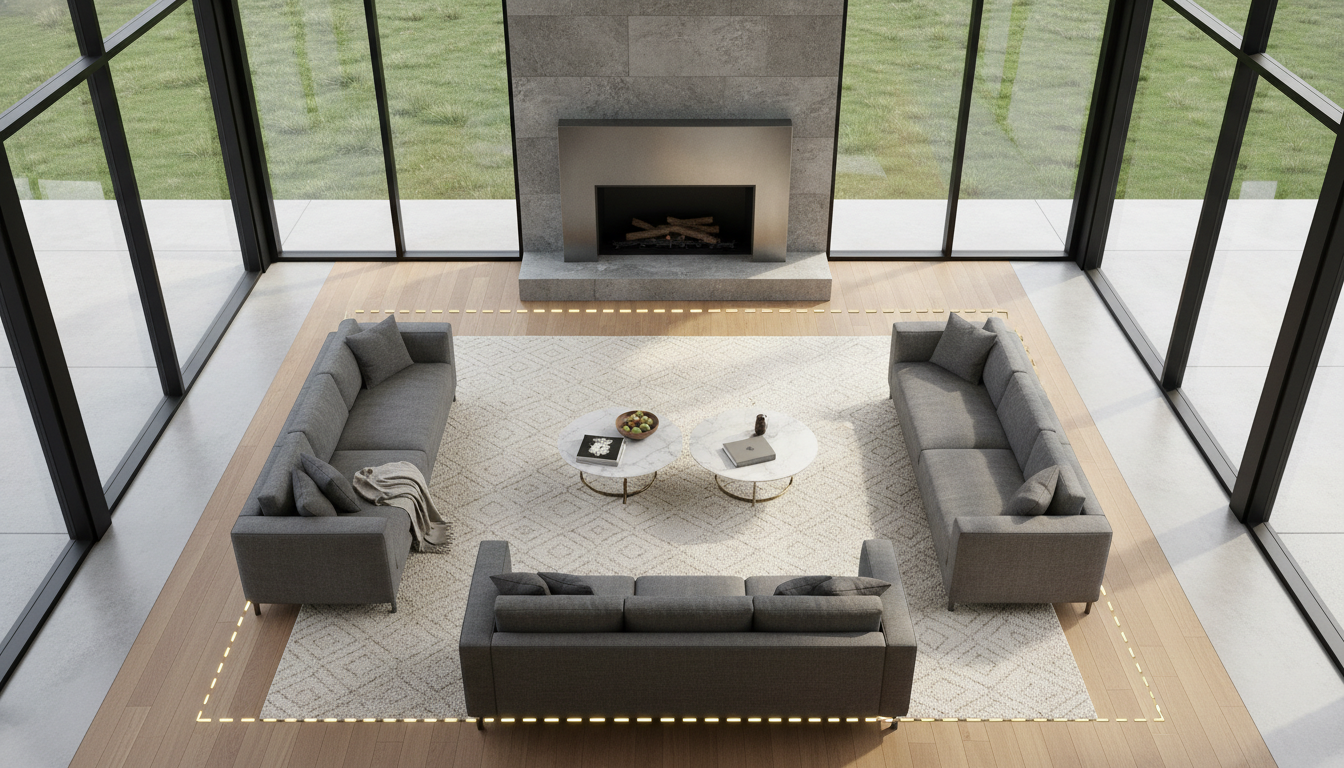 Floor plan diagram illustrating rug alignment with architectural features like fireplaces.