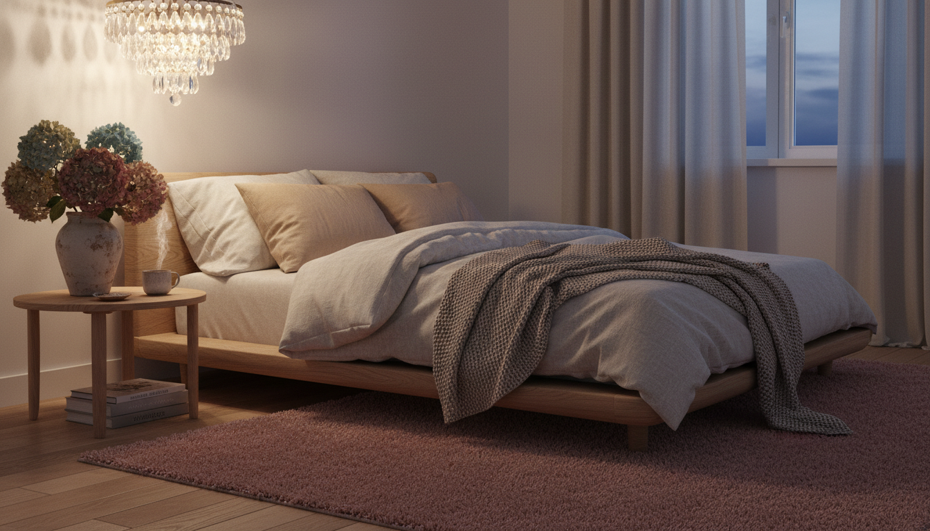 Soft romantic bedroom setup featuring a dusty rose rug and gold accents.