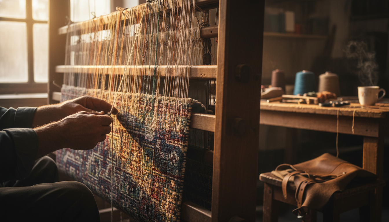 Artisanal hand-knotted rug being made, representing the 2026 shift toward heirloom investment pieces over fast fashion.