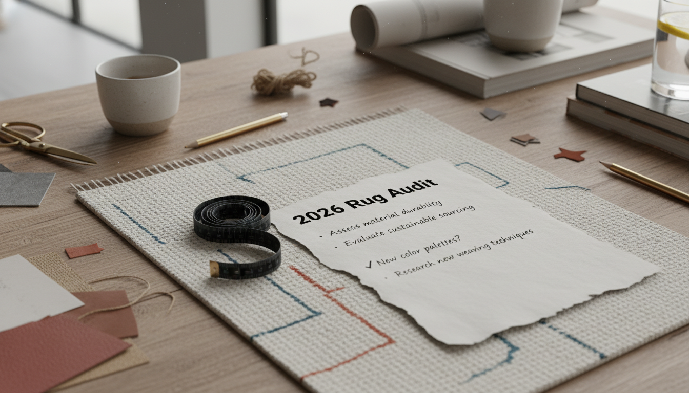 Professional interior design tools and checklist for auditing rug placement.