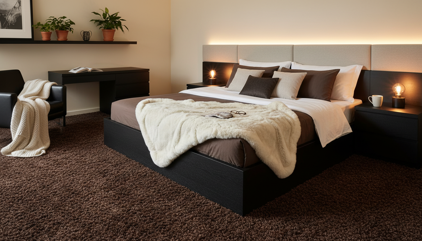 Cozy luxe bedroom with a rich chocolate brown high-pile rug and warm lighting.