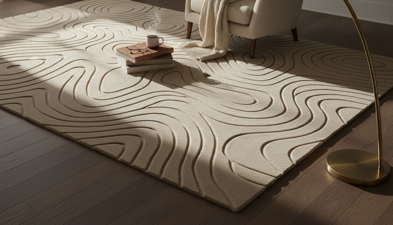 A warm oat-colored sculpted rug illuminated by a brass floor lamp showing deep texture and shadows.