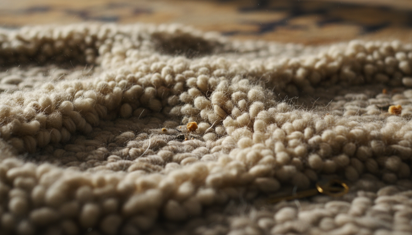 A detailed macro shot of premium wool rug fibers demonstrating the high-low pile texture essential for tactile grounding and sensory wellness.