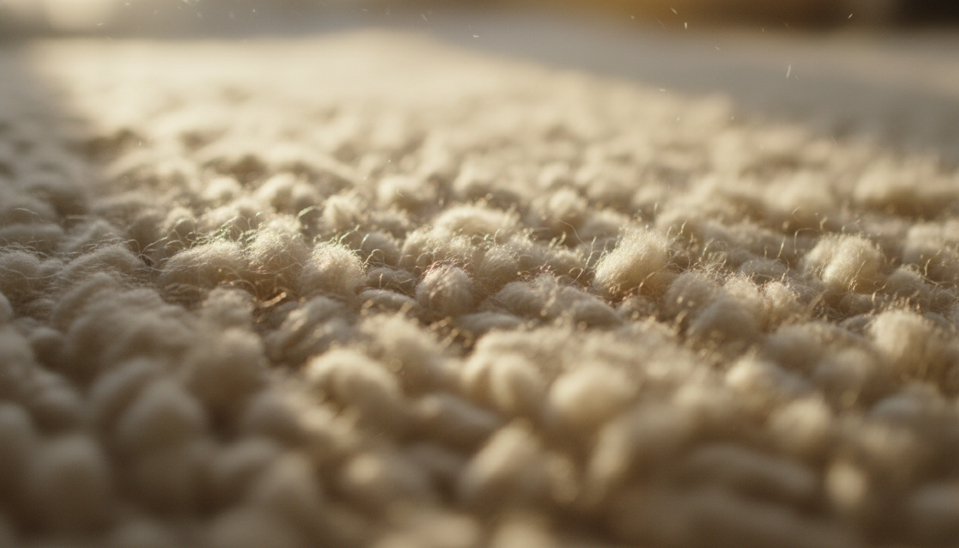Detailed macro shot of natural wool rug fibers highlighting the soft tactile texture essential for grounding and stress reduction.