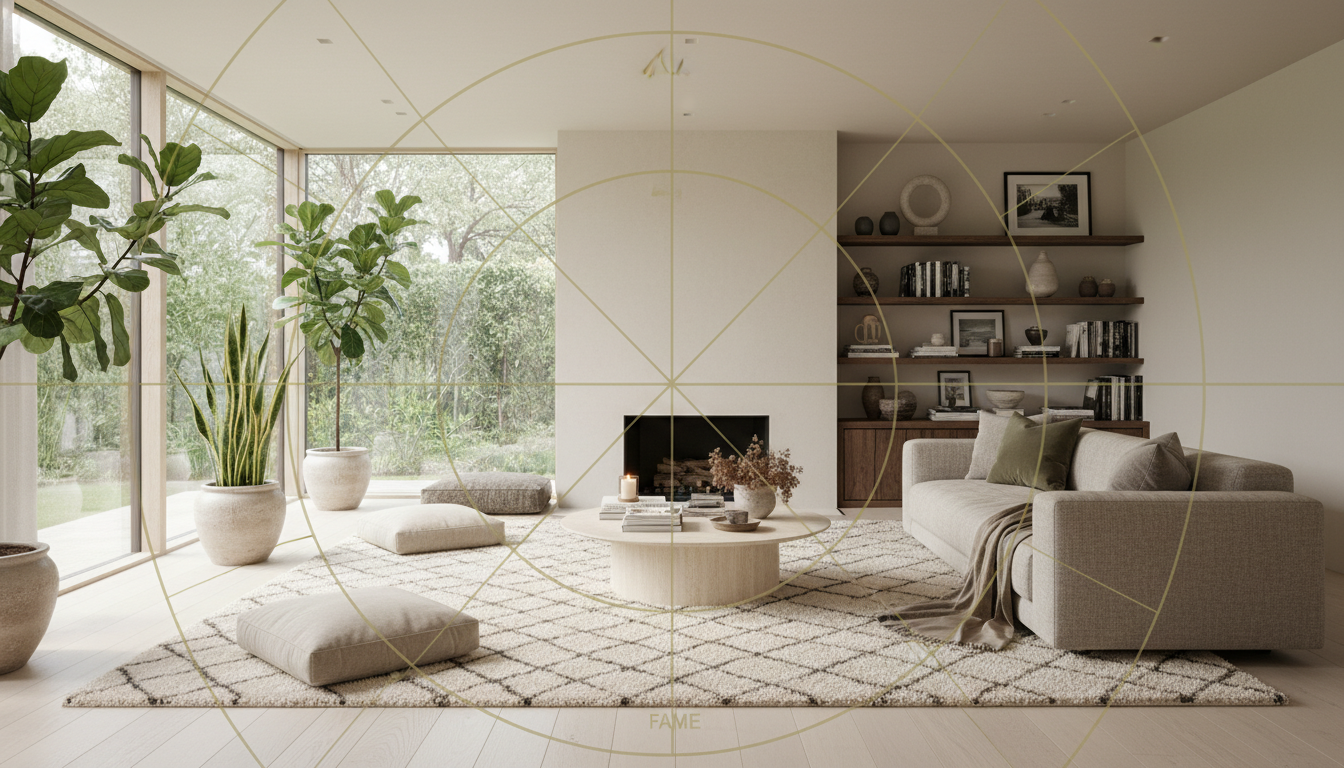 Modern living room illustrating Feng Shui Bagua map alignment with a neutral grounding rug and natural light.