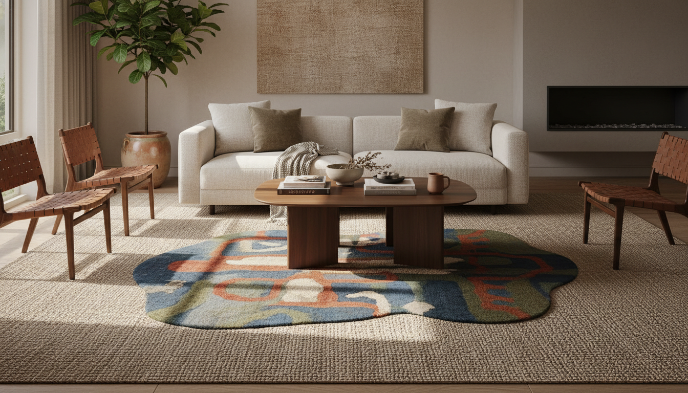 A sophisticated living room showcasing a large natural jute rug layered with a vibrant wool accent rug under modern furniture.