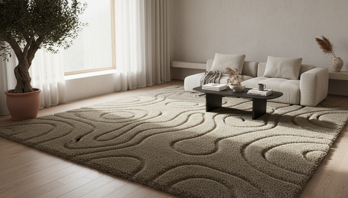 A massive greige wool rug with high-low pile texture in a minimalist sun-drenched living room with an olive tree.