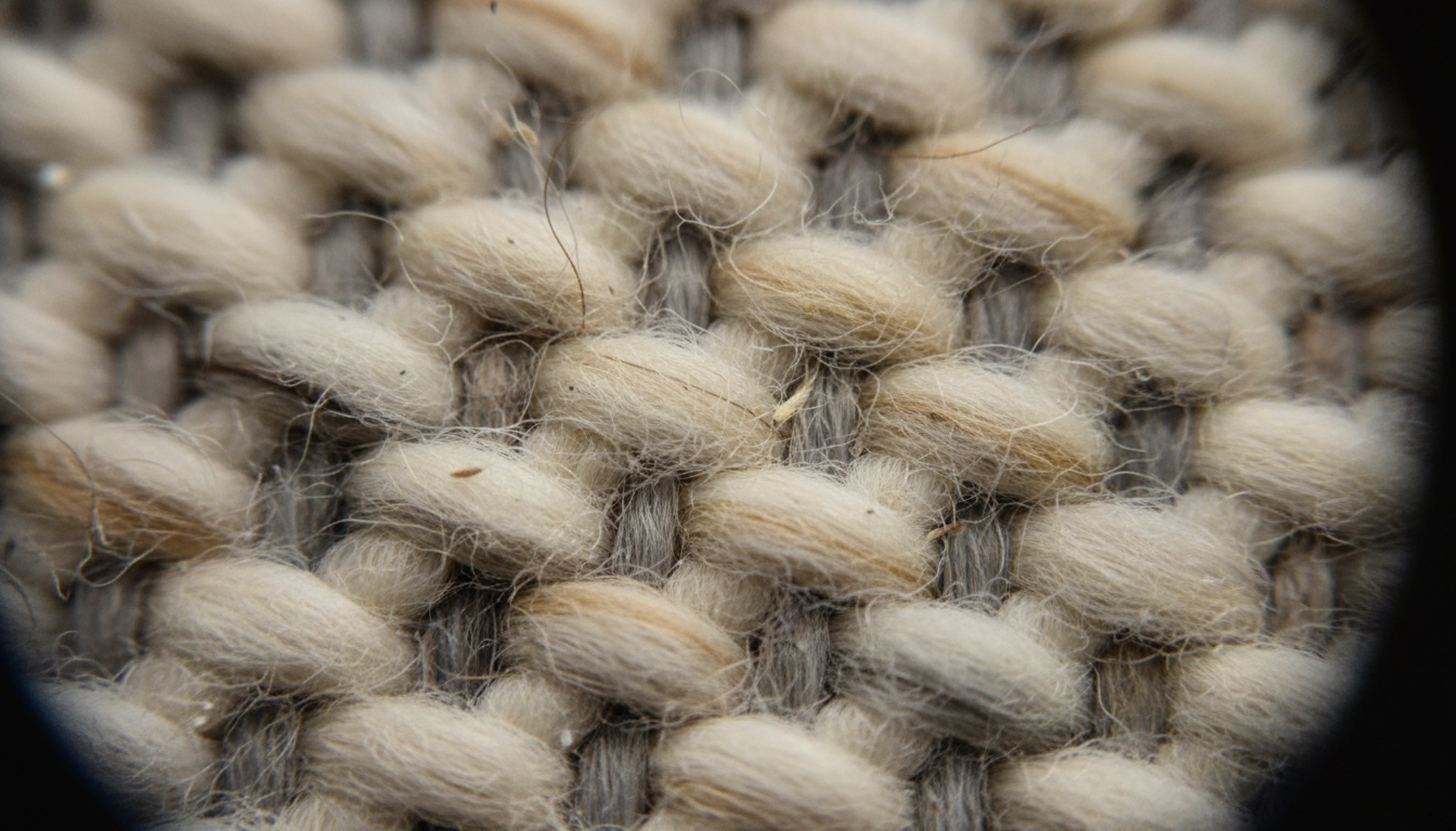 Detailed macro shot of high-quality wool rug fibers showing the complex texture and microscopic dust particles for educational maintenance insight.