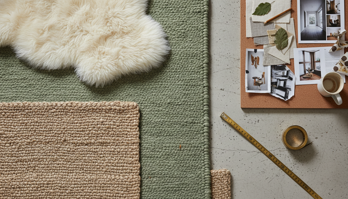 Professional interior design layout showing the proper sizing and overlap of three different rug textures for a layered look.