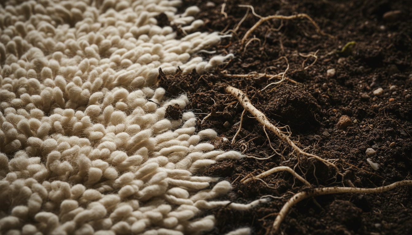 Detailed macro view showing the transition from a plush wool rug texture to healthy, nutrient-dense soil, symbolizing regenerative agriculture.