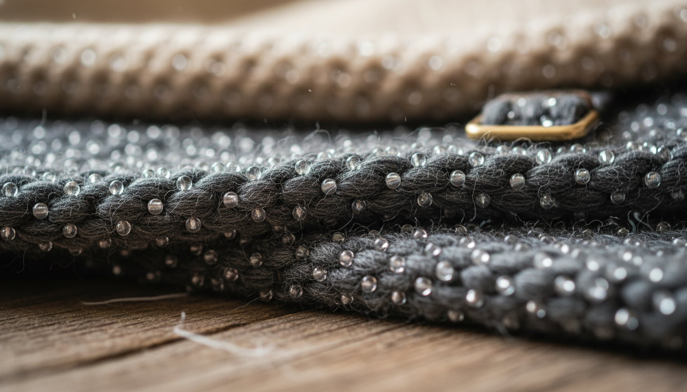 Close-up detail of a weighted rug's intricate fiber construction showing depth and texture for anxiety reduction.