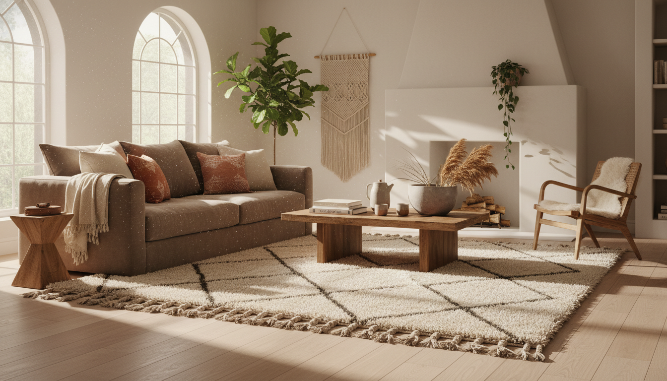 A luxurious boho living room featuring an air-ionizing rug in a sunlit space, emphasizing a clean and airy atmosphere.