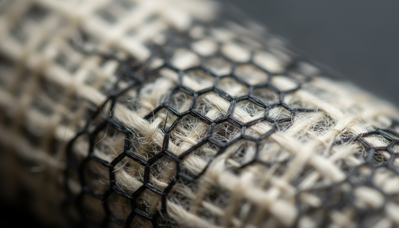 A detailed macro shot showing the contrast between metallic graphene-infused threads and soft natural silk fibers in a high-end rug weave.
