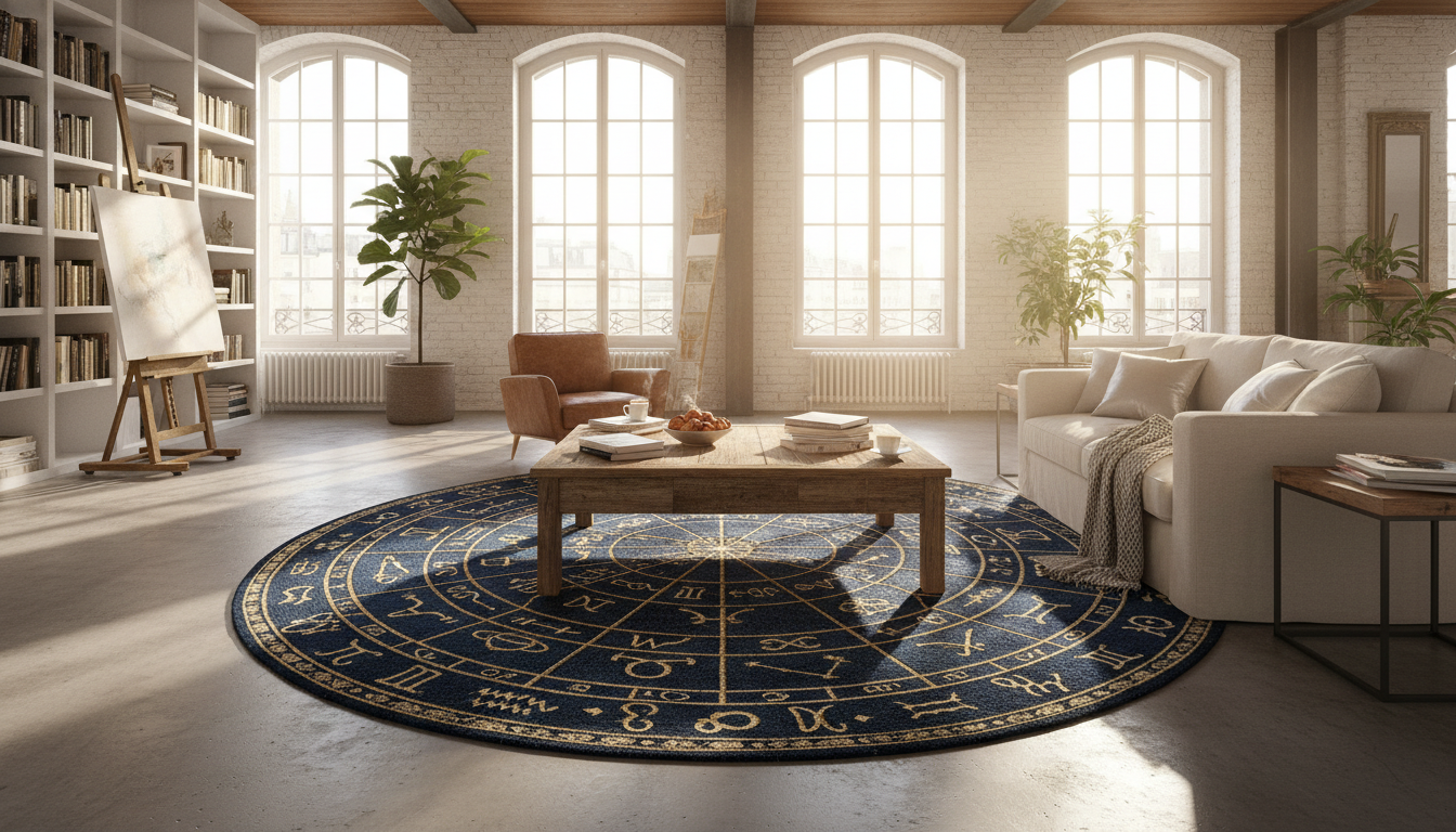 A luxury Parisian loft featuring a custom birth chart rug 2026 as the central design element under soft morning sunlight.