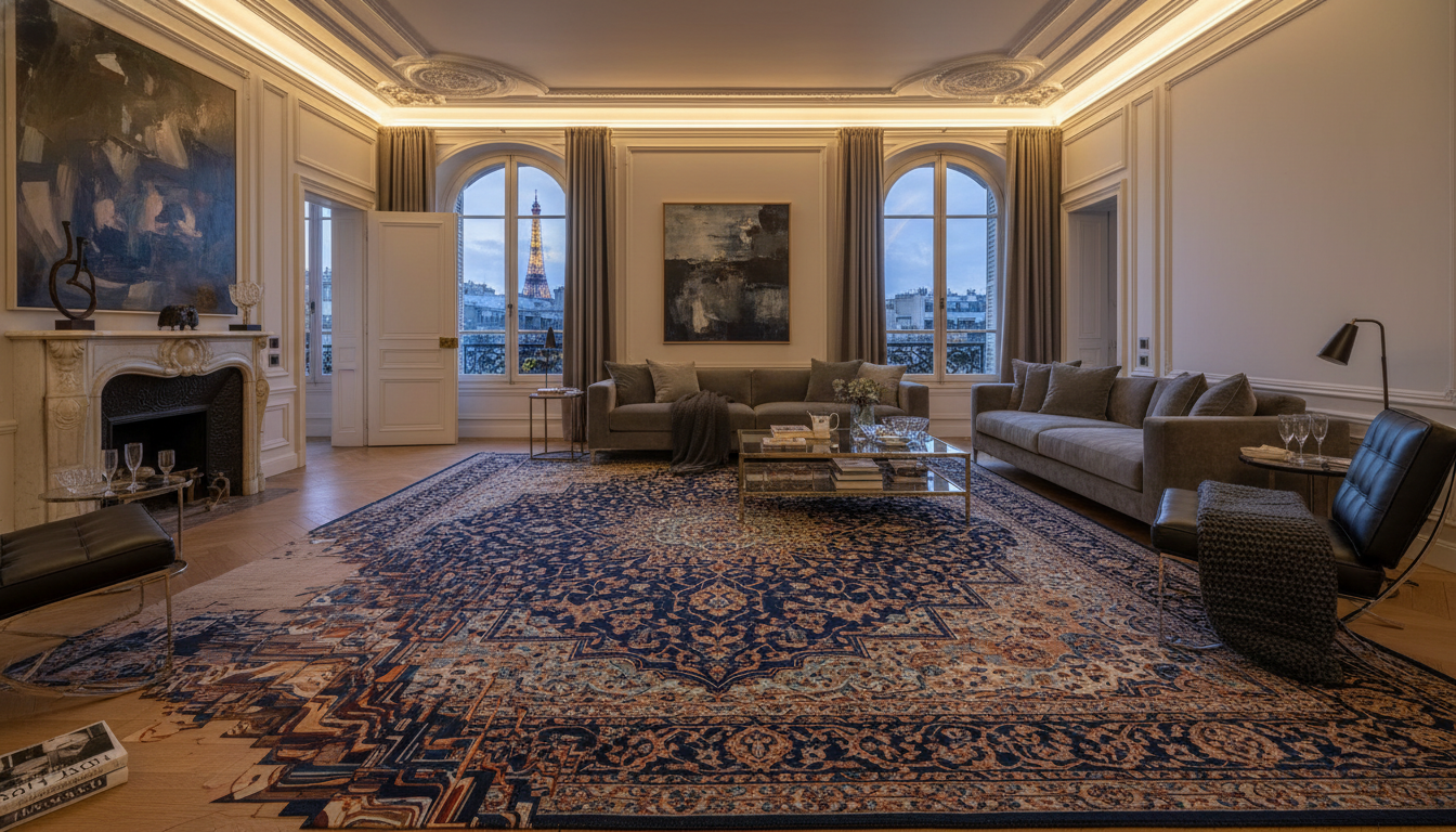 A luxury Parisian living room featuring a massive blue and copper Glitch Persian rug with intentional digital distortion patterns.