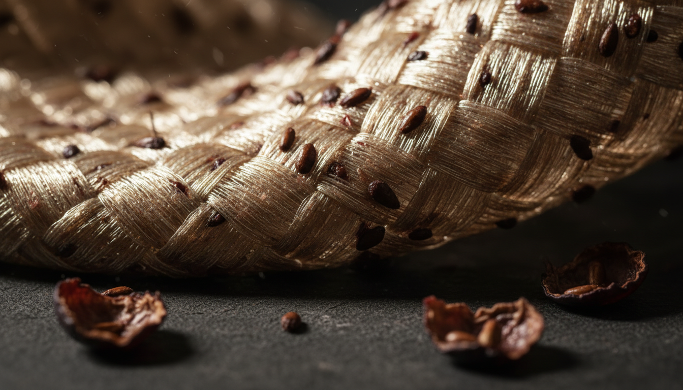 A detailed macro view of the transition from raw grape waste to high-end sustainable rug fibers.