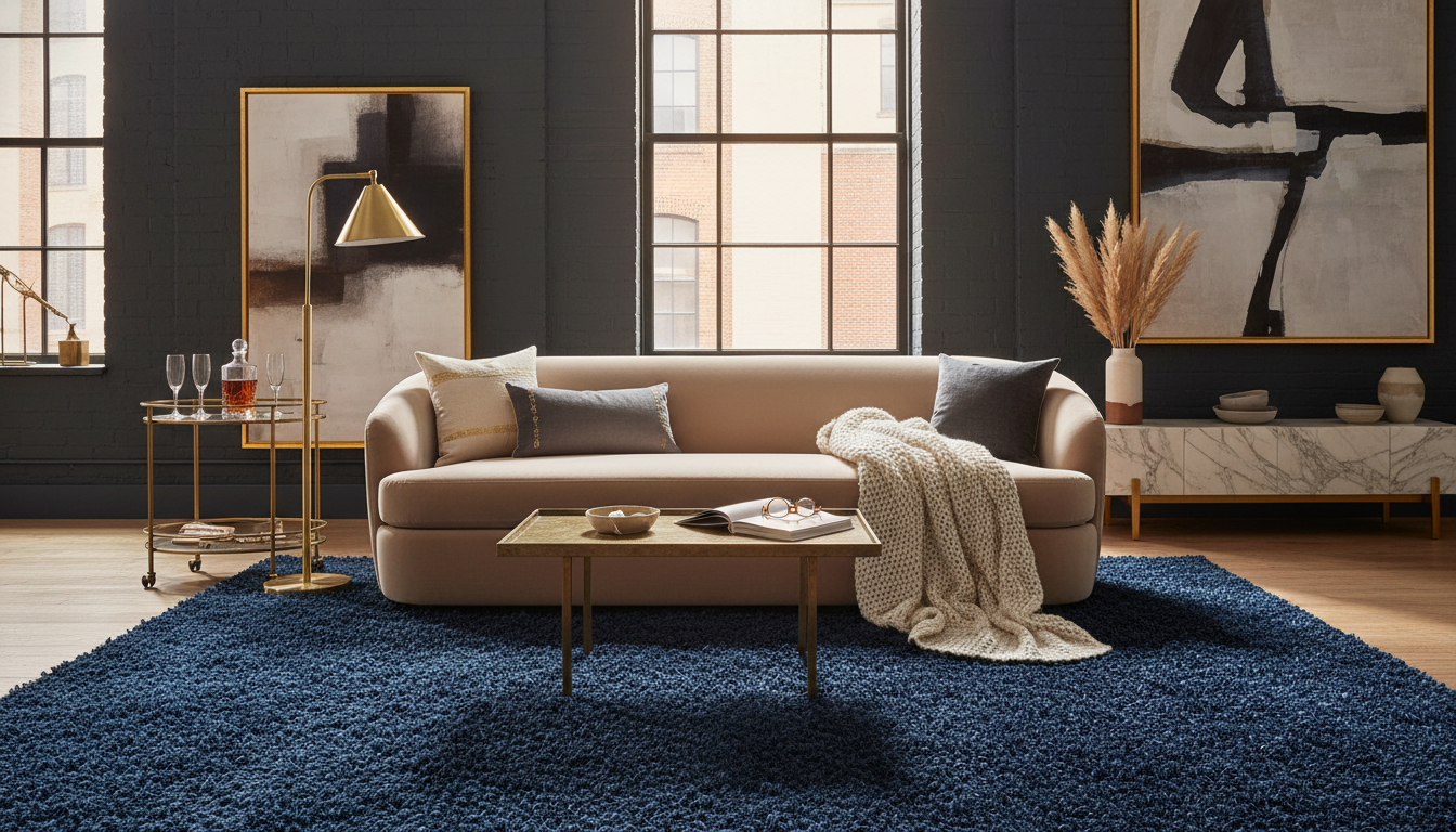 Luxurious midnight navy rug with champagne gold furniture in a modern living room.