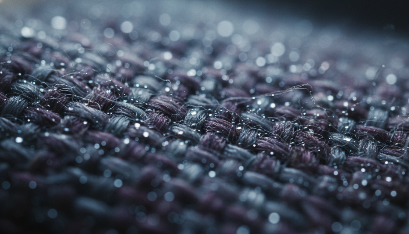 Detailed macro shot of dew-covered wool fibers during the hygro-lunar dyeing process for moon-dyed luxury rugs 2026.