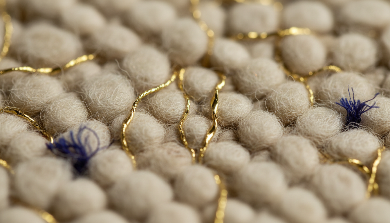 Close-up detail of precious metal-infused rugs showing gold threads woven into high-quality wool.