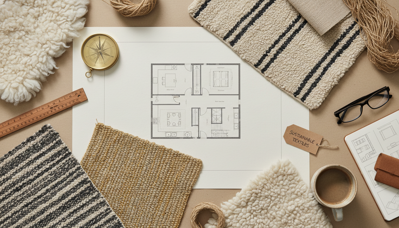 Architectural floor plan layout showing strategic rug placement zones for modern home design.
