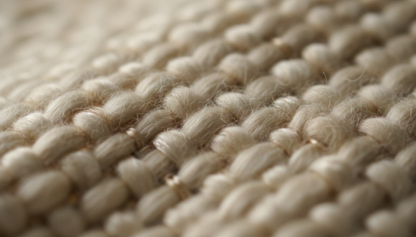 Detailed macro view of sustainable wool and silk rug fibers illustrating luxury texture and material science.