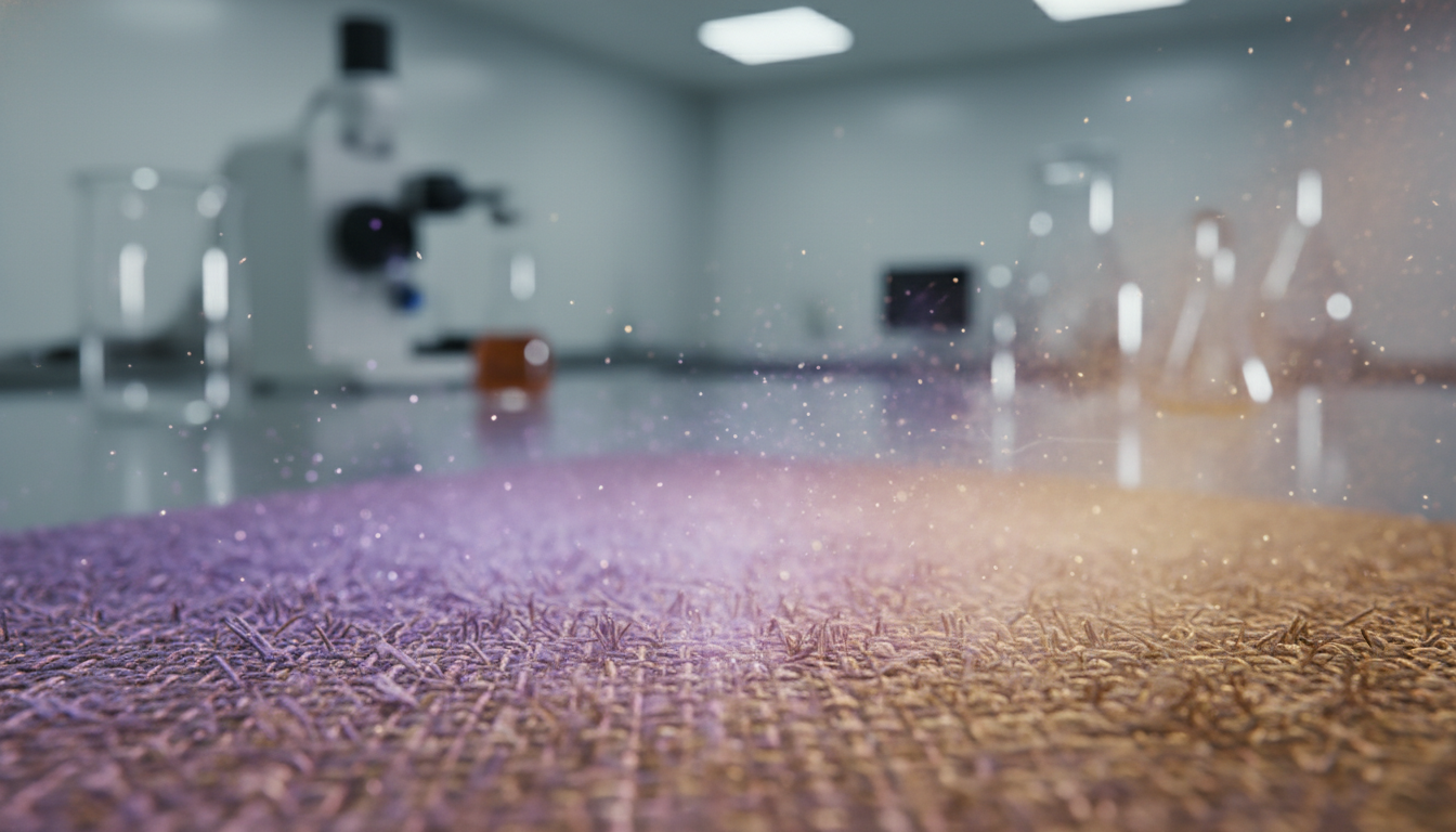 A microscopic view of sustainable rug fibers being infused with vapor dyes without the use of water.