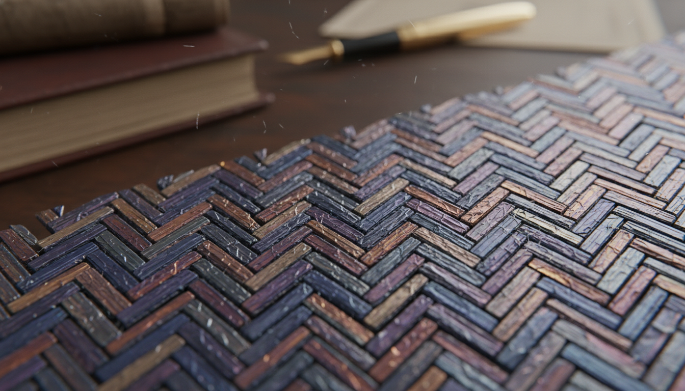 A microscopic view of the iridescent, crystalline fibers found in Chitin-Loom Bio-Polymer Rugs showing the intricate weave.