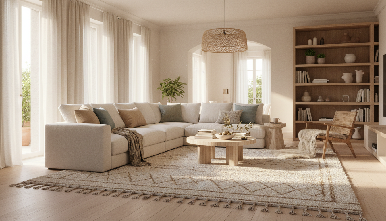 A bright, modern living room with light wood floors and a neutral summer rug under a minimalist sofa.