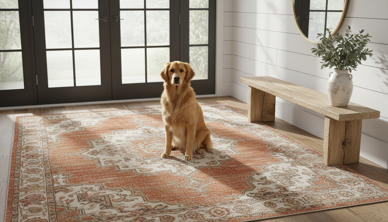 A distressed rust and cream medallion washable rug in a modern farmhouse entryway with a golden retriever.