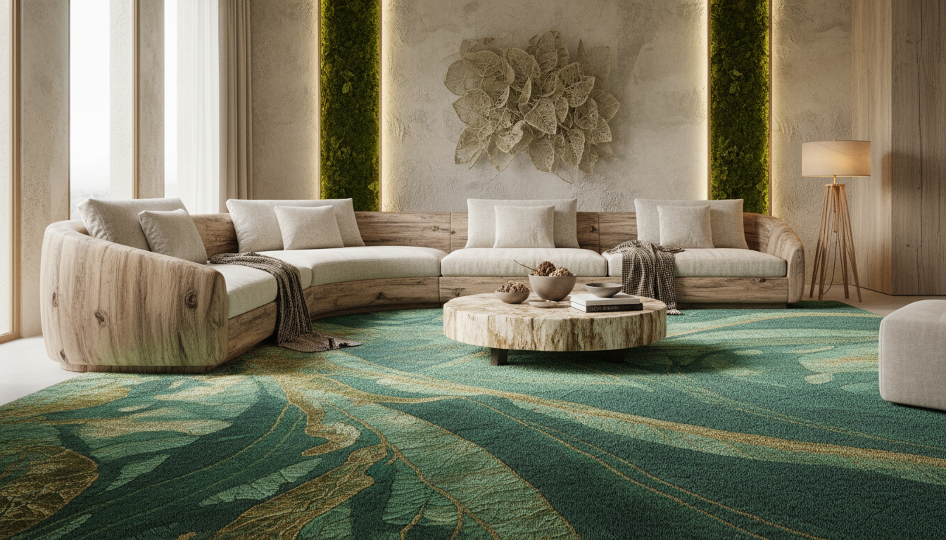 Iridescent green and gold structural-color rug in a bio-luxe living room with reclaimed teakwood furniture.