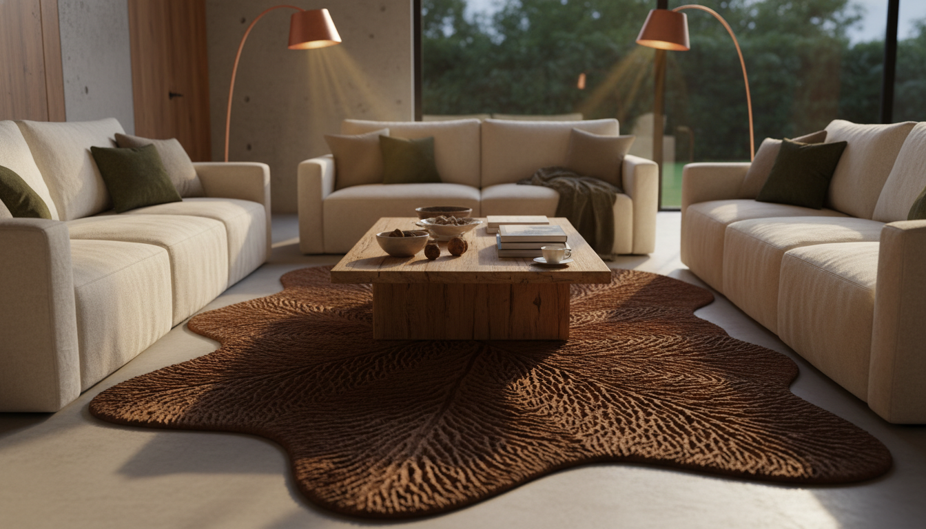 A deep umber Myco-Melanin bio-polymer rug centered in a modernist lounge with teakwood furniture and linen sofas.