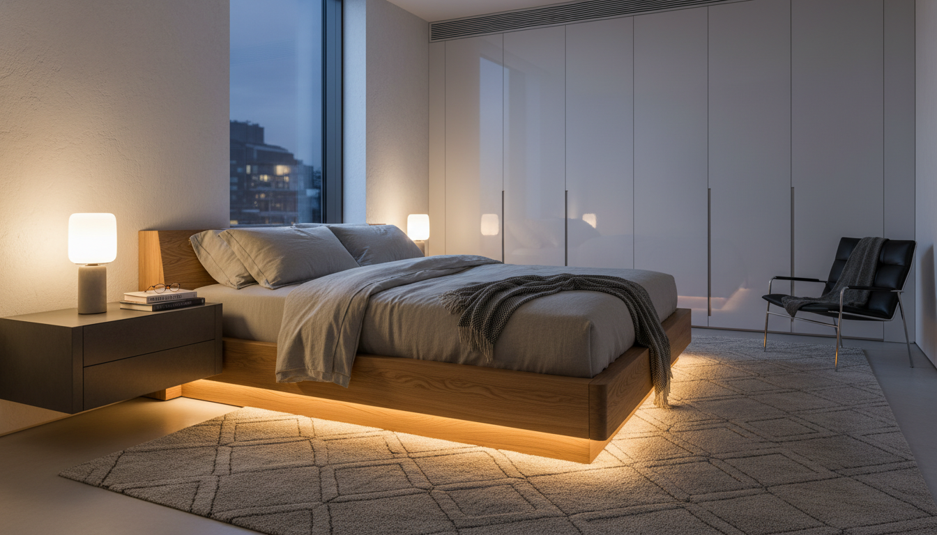 Minimalist bedroom with a greige textured rug and indirect LED lighting under the bed.