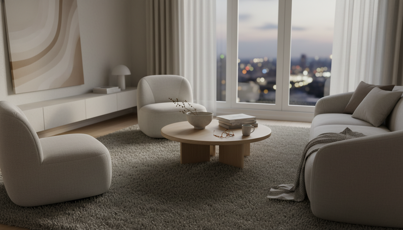 A peaceful living room environment with a greige high-pile rug designed to reduce anxiety through soft color palettes and rounded design elements.