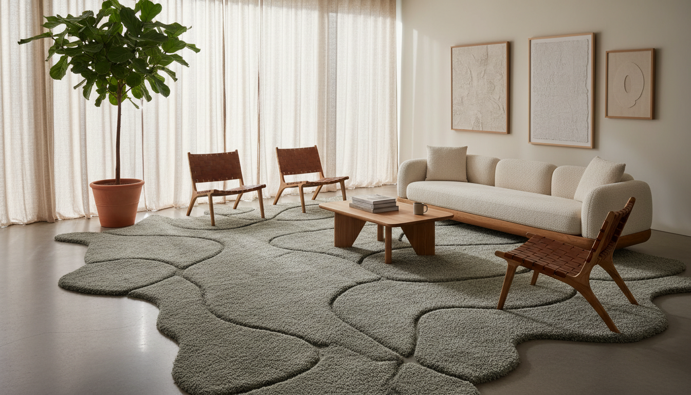 A serene living room setup featuring a large greige rug and natural materials designed to reduce anxiety through soft textures and neutral tones.