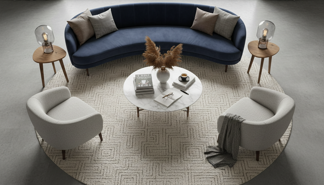 Top-down view of a large rug anchoring living room furniture in a commanding Feng Shui position.