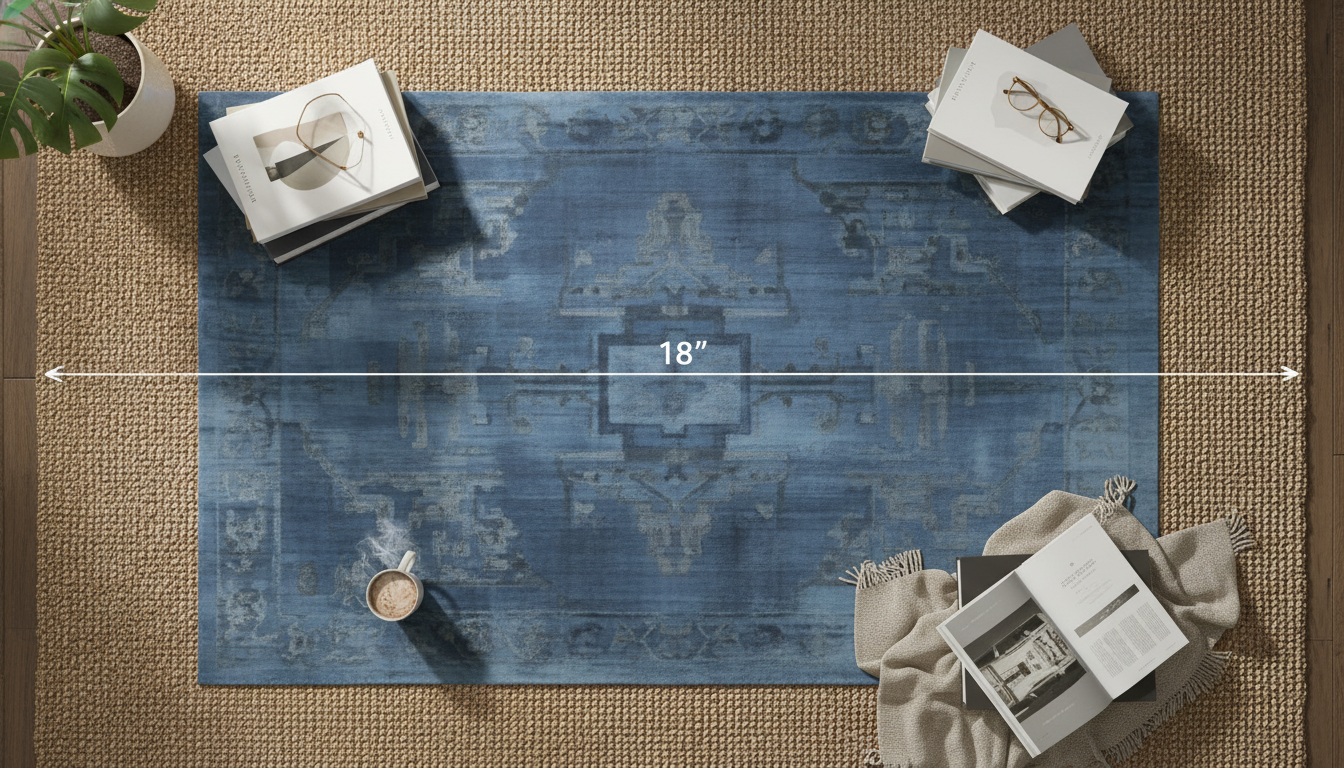 Overhead view of two layered rugs demonstrating the perfect 18-inch reveal border for balanced proportions.