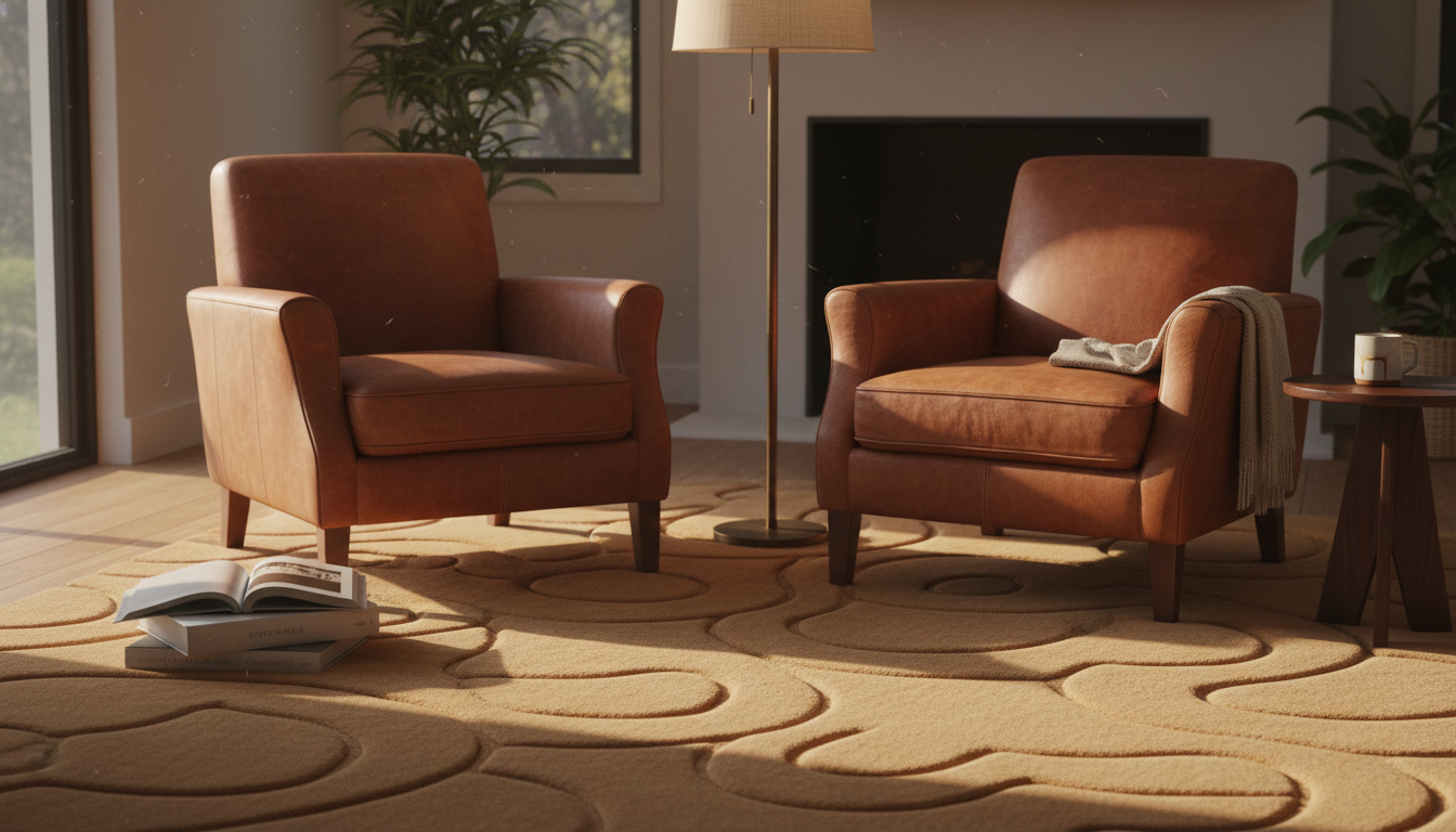 Close-up of a camel-colored sculpted wool rug between two leather chairs in warm golden-hour lighting.