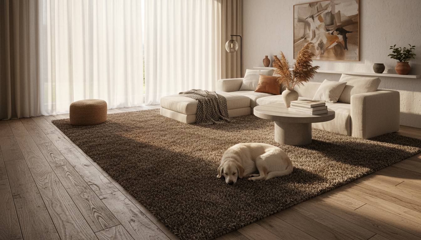 Modern boho living room featuring a large textured regenerative peat fiber rug in 2026.