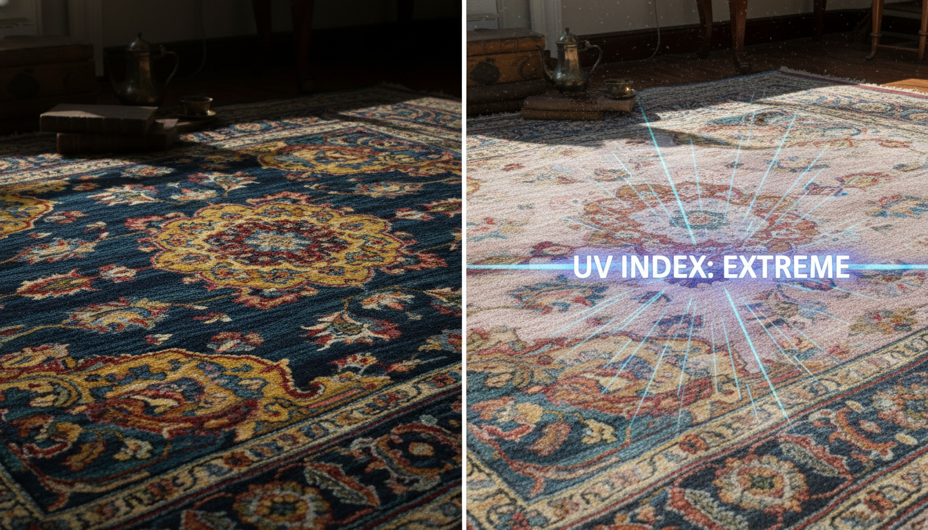 Side-by-side comparison of rug color vibrancy in shade versus sunlight to illustrate the effects of UV photodegradation on textile dyes.