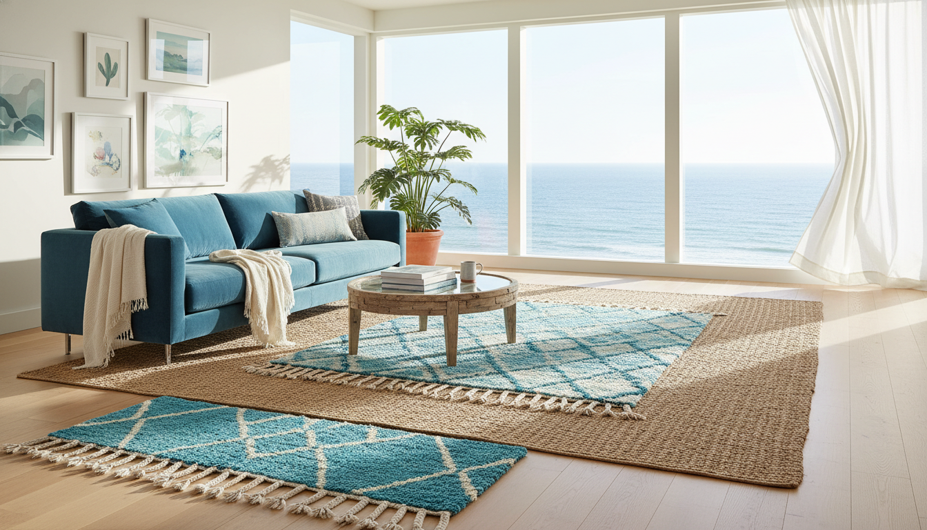 A luxurious coastal living room featuring a large natural jute rug layered with a plush Moroccan wool rug under high-end furniture.