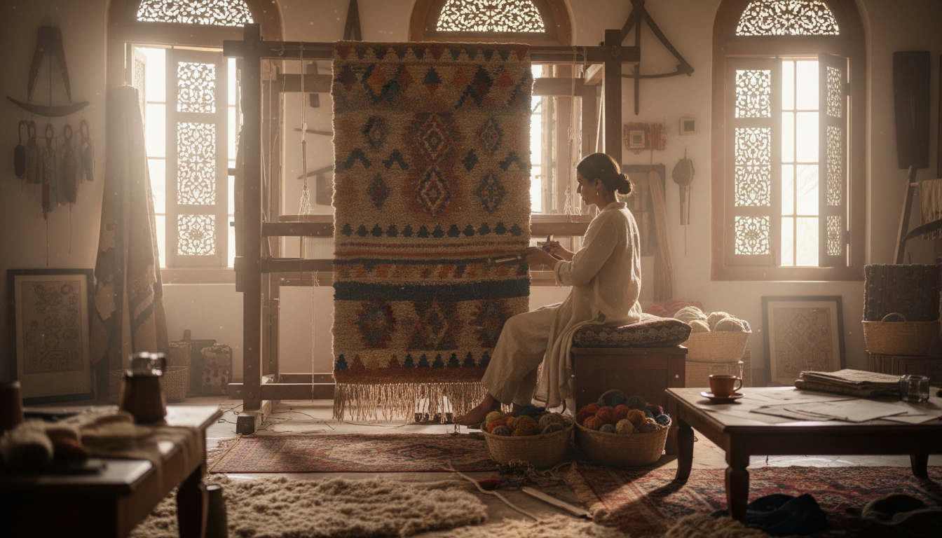 An authentic Indian weaving studio where women artisans craft regenerative rugs using traditional hand-knotted techniques under natural sunlight.
