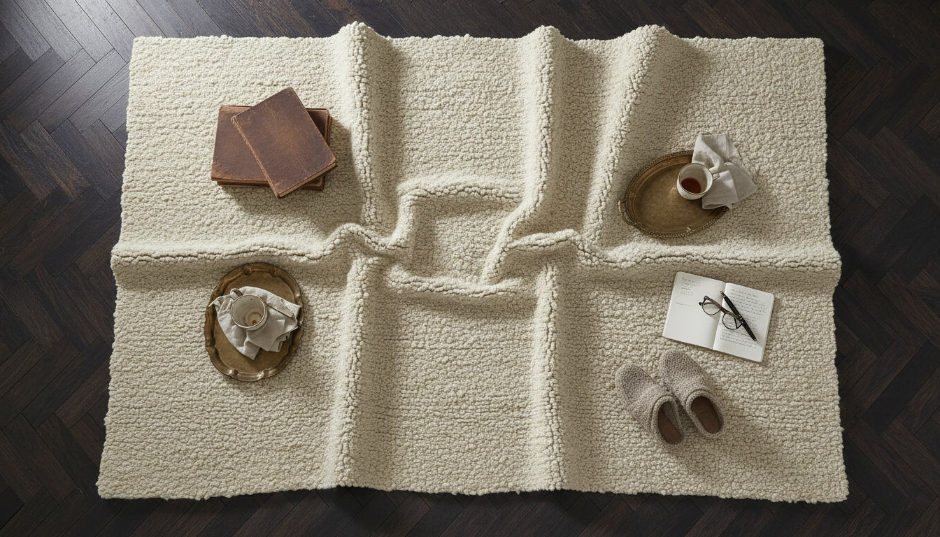 Overhead view of a luxurious heavy-weighted boho rug showcasing its substantial drape and premium craftsmanship.