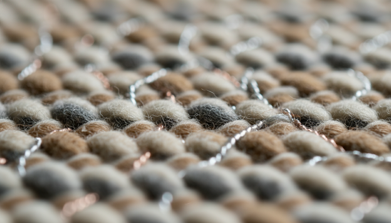 Close-up detail of bio-active fibers in an air-ionizing rug showing the intricate blend of wool and conductive metallic threads.