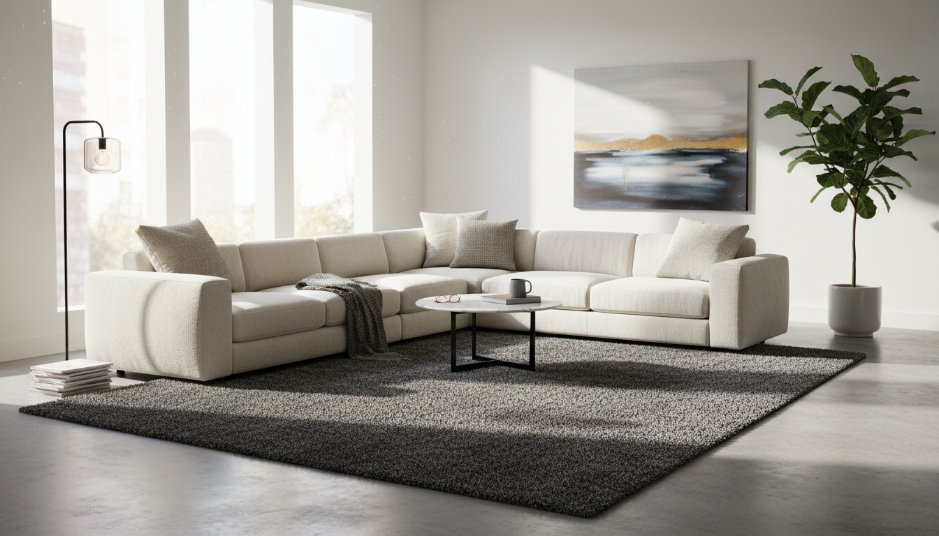 Spacious and modern living room highlighting a graphene-infused rug that provides invisible thermal comfort in a minimalist setting.